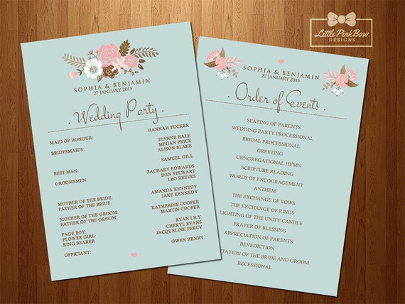 Mint Floral Wedding Program Printable Wedding Party Names