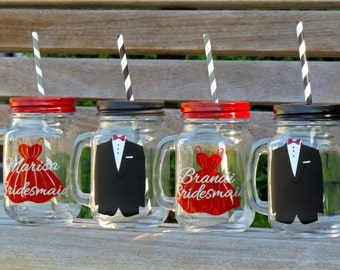 Set of 2 Glass mason mugs, Bridesmaid and groomsmen mugs, wedding party glass,bridal part, bridesmaid cup, personalized mug, mug with name