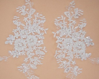 Lace AppliqueTrim, Wedding Lace Applique, Bridal lace Applique, Beaded Wedding Accessory, Floral Lace Applique, Alencon Lace Applique, 2pcs