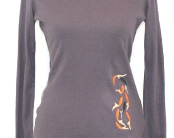 Deep purple cotton blend turtleneck sweater with chiffon hem trim. Embroidered with koi design