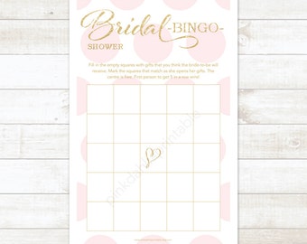 pink and gold bridal shower bingo printable game pink gold glitter polka dots wedding shower digital games - INSTANT DOWNLOAD