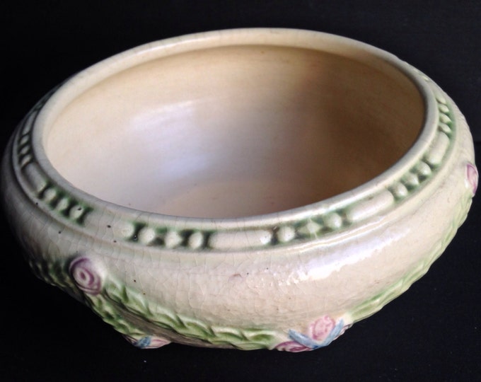 Storewide 25% Off SALE Vintage Egg-Shell & Raised Garland Roseville Pottery Bowl Crafted in The Iconic and Rare 'La Rose' Pattern