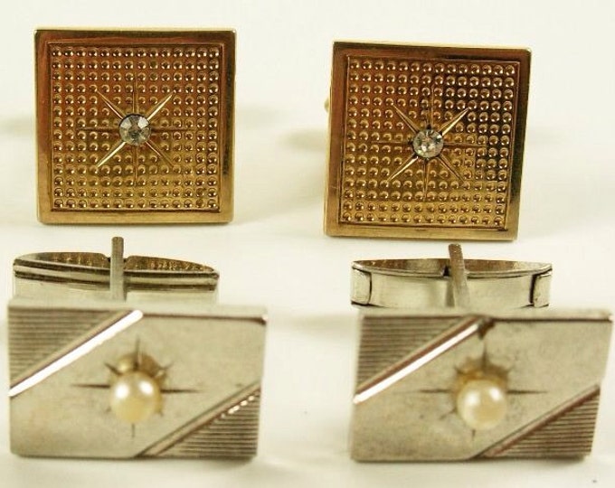 Storewide 25% Off SALE Vintage Pair Gentleman's Gold Tone Designer Cufflinks Featuring Pearl And Diamond Rhinestone Mid Century Design & Sty