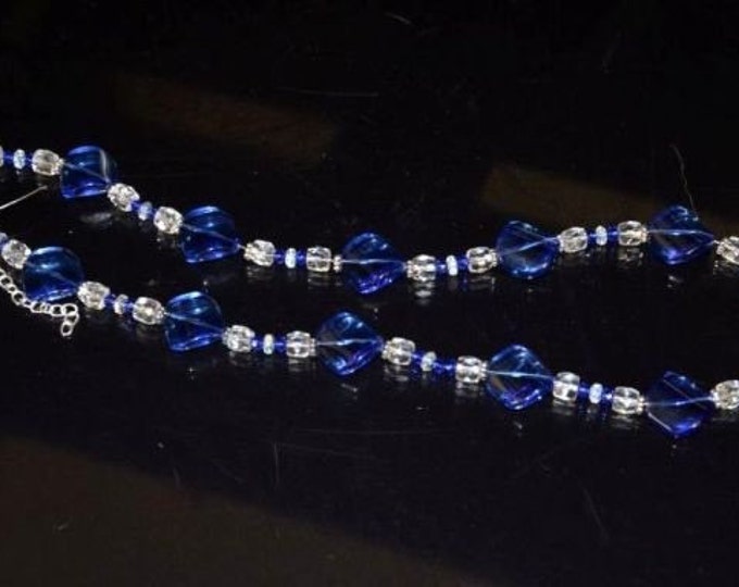 Storewide 25% Off SALE Vintage Cobalt Blue and Classical White Czech Crystal Glass Necklace Featuring Silver Tone Setting and Beautiful Mode