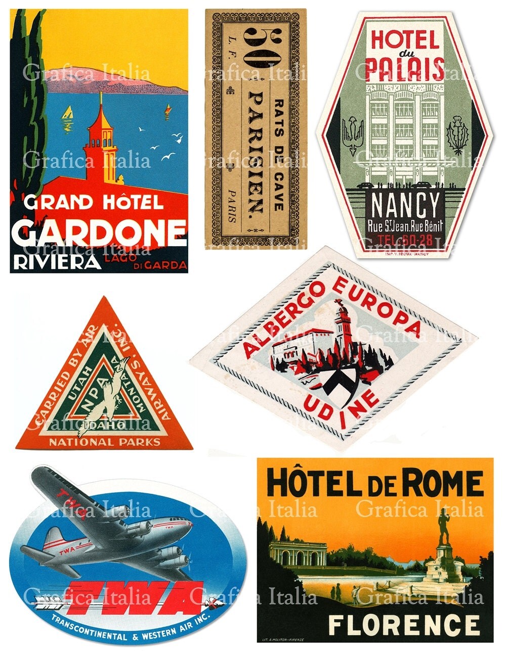 7 large travel stickers retro digital printable collage
