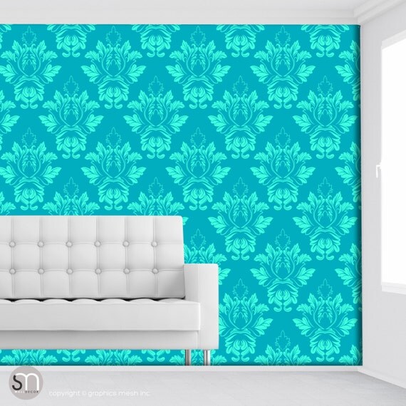 AQUA DAMASK PATTERN Self adhesive removable fabric wallpaper