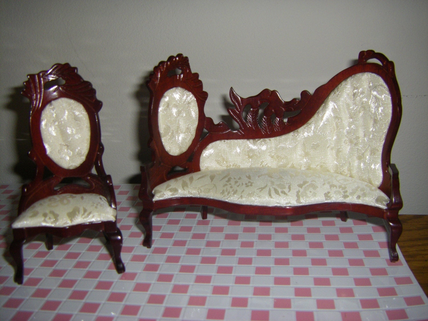 Dollhouse Living Room 2 Piece Fancy Victorian Set Carved Mahogany Wood Frame 112 Scale