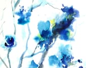 HOLIDAY SALE Blue Flowers Blossom Watercolor Painting Art Print 6x9 Abstract Floral Watercolor Art