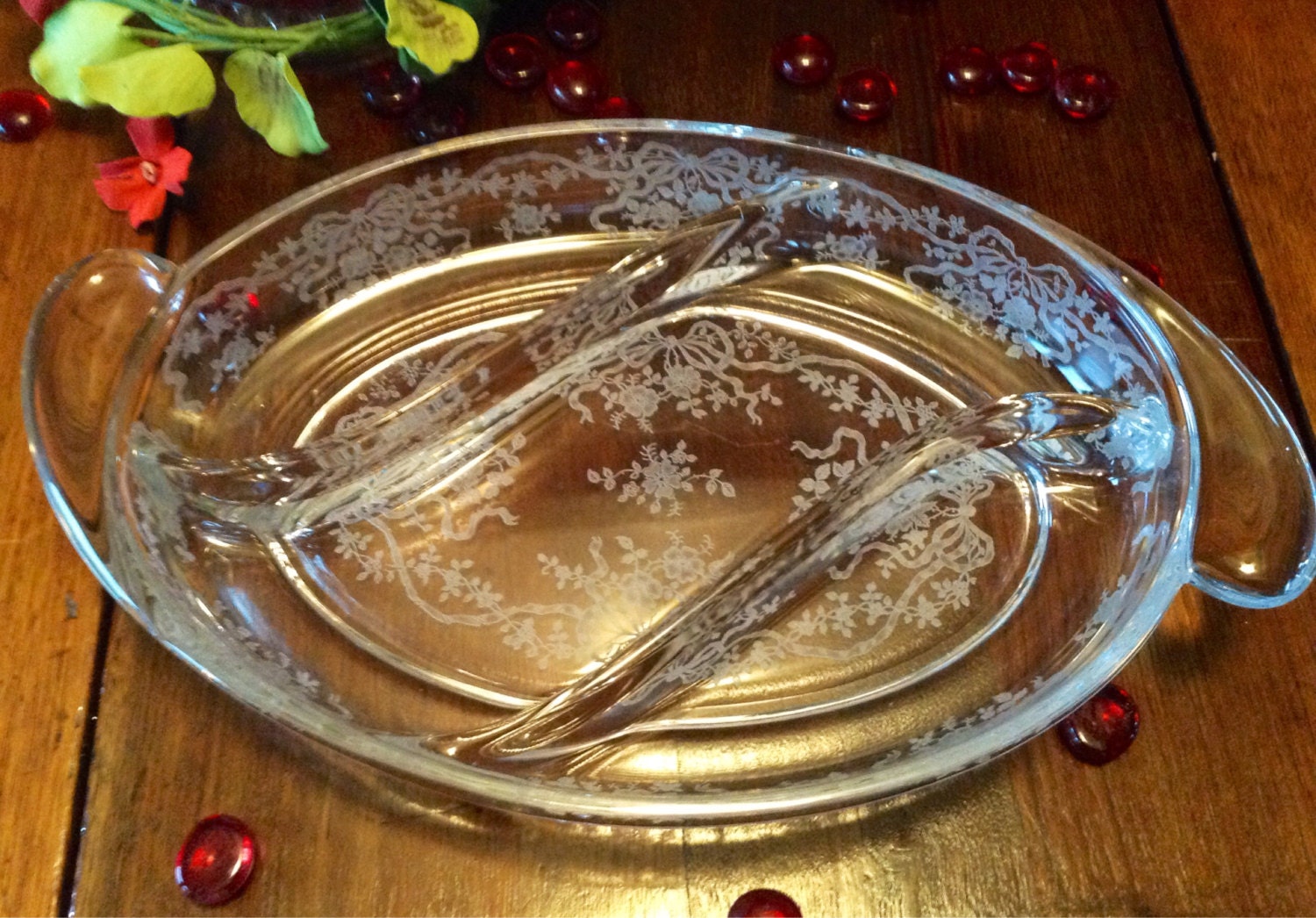 Vintage Clear Glass Divided Serving Dish With Flowers And Ribbon Design Haute Juice 6944