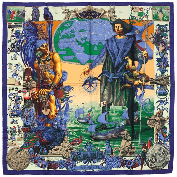 HERMES SCARF Silk Les Ameriques by Kermit Oliver Vintage by EXANYC  