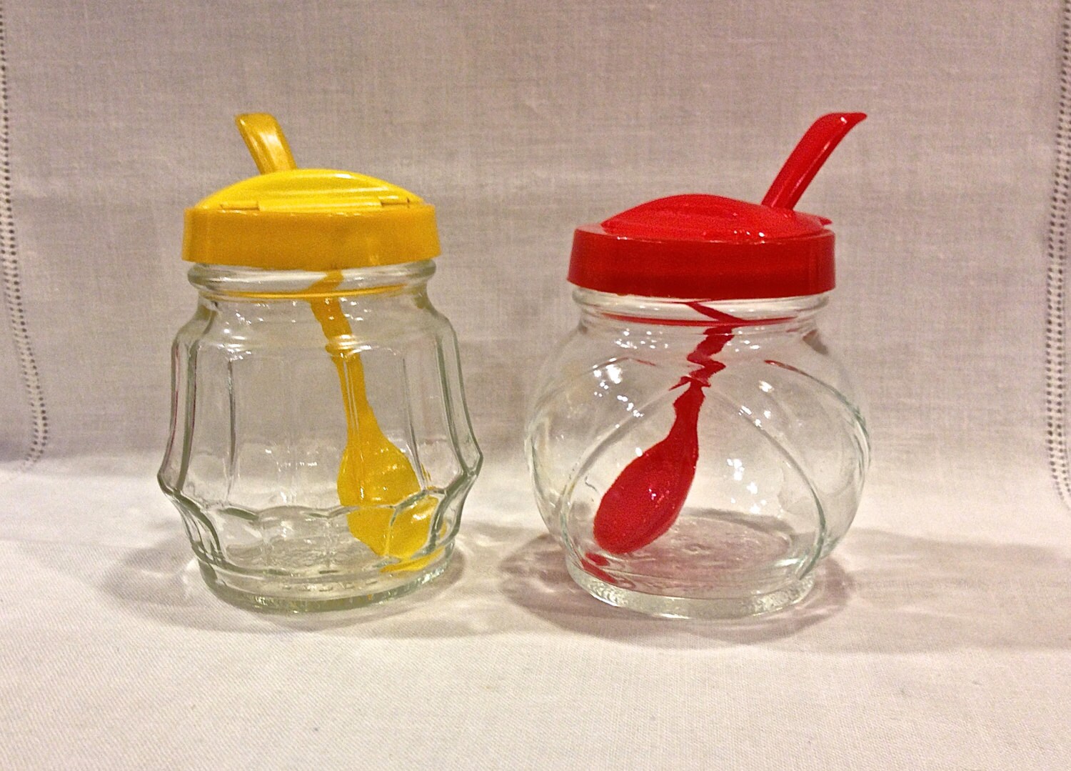 Vintage Condiment Set, Ketchup and Mustard Jars, Glass with Plastic