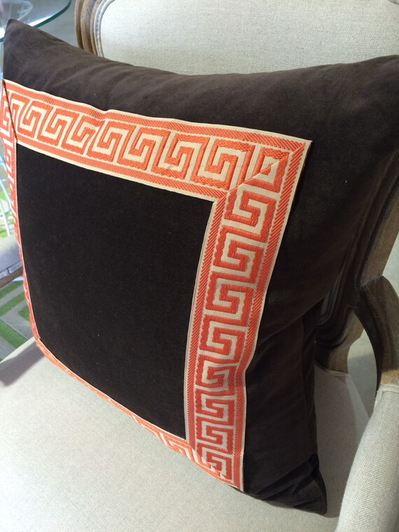 Items similar to 20"x 20" Brown Cotton Velvet Greek Key Trim Pillow