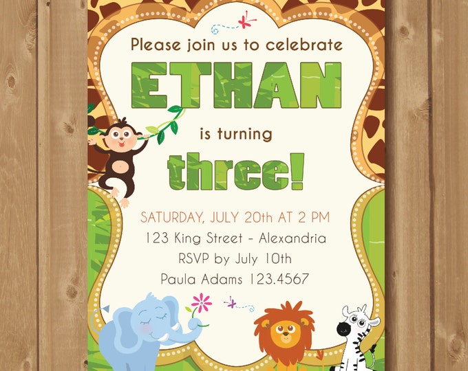 Jungle Birthday invitation. Jungle invite. Printable jungle invitation. Jungle invite with lion, monkey, zebra and elephant. Safari invite