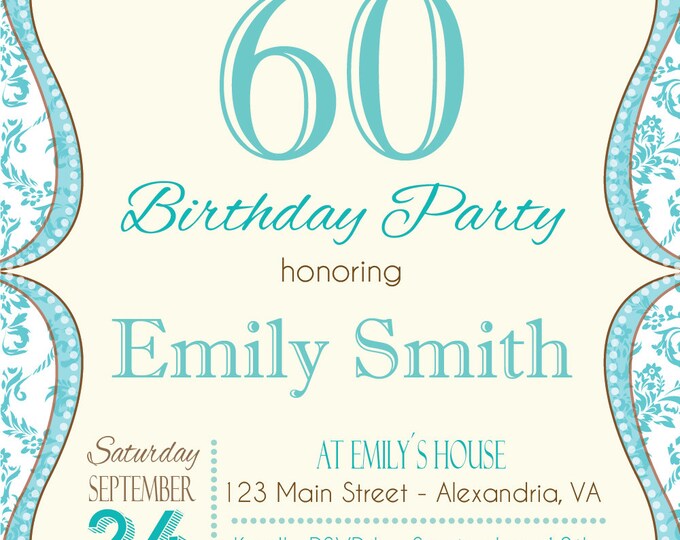 Birthday Party Invitation. Adult invitation. Turquoise style party. Printable Party invitation. Birthday invite.