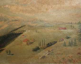 Antique Bulgarian art oil painting pine tree landscape
