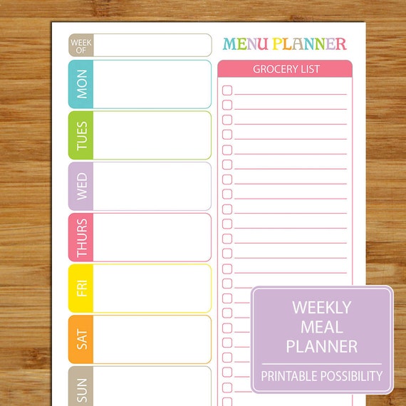 Printable Weekly Meal Planner Brights by PrintablePossibility