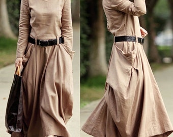 Women Petitle long dress Asymmertrical long dress with pocket Fall dress Evening dress ( WD11140)