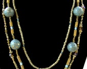 3 Strand Light Blue, Gold, Crystal and Tan Tribal Necklace With A Beach Flare