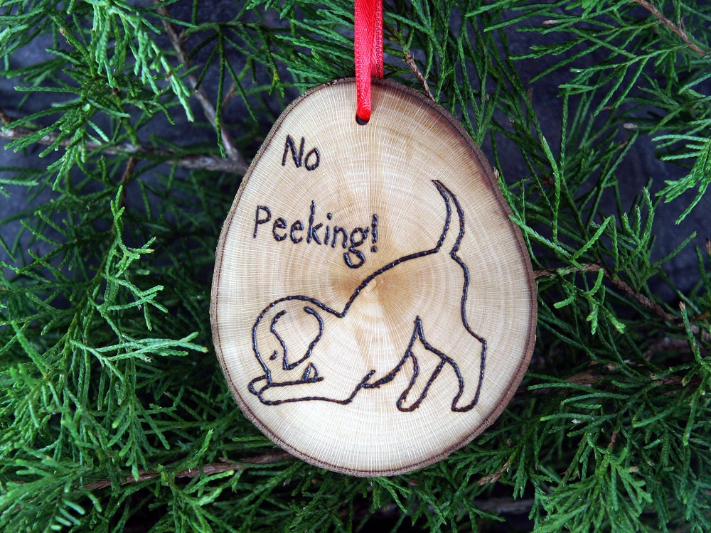 Handmade No Peeking dog wooden ornament.