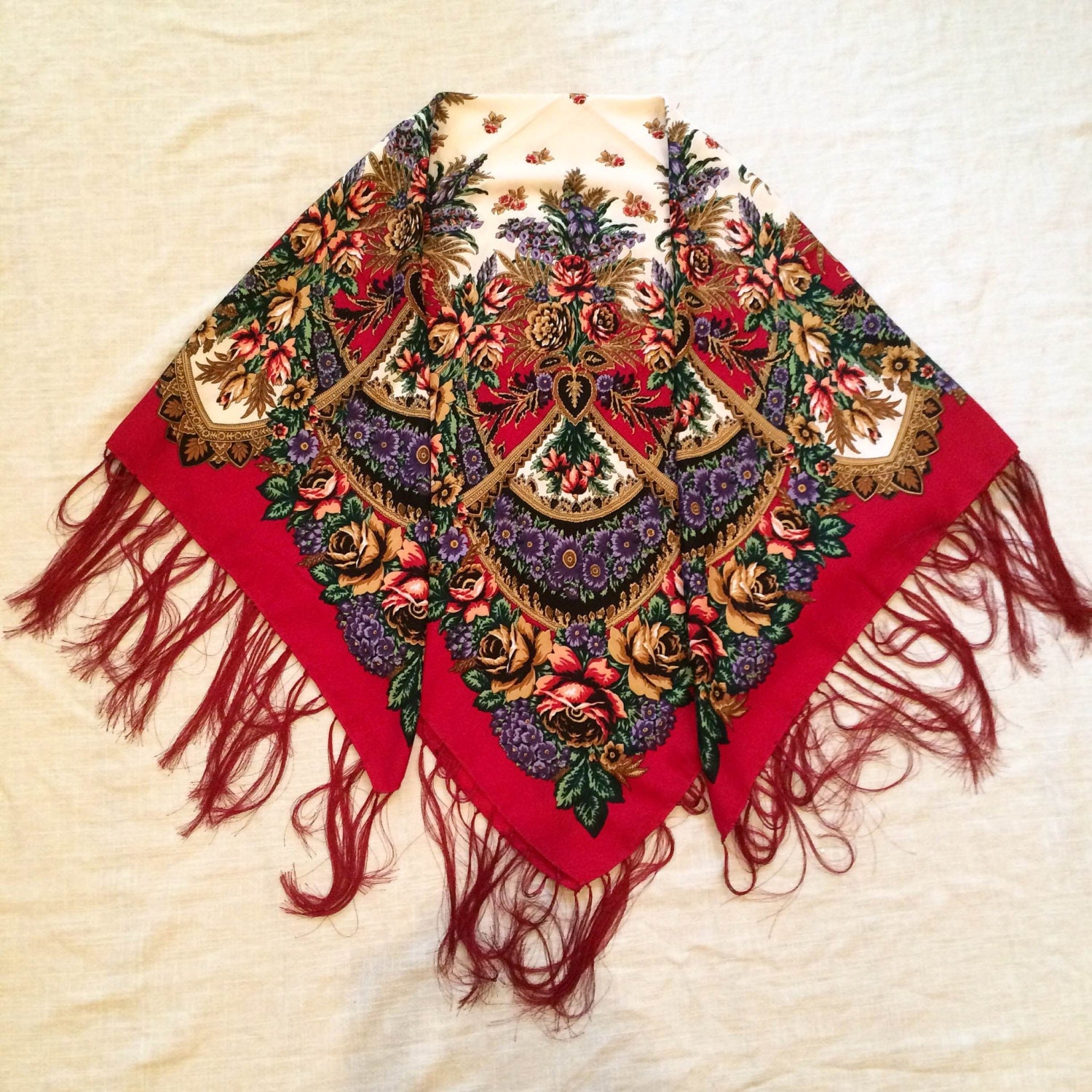 Wool shawl , Vintage Ukrainian shawl , scarves for women , red shawl