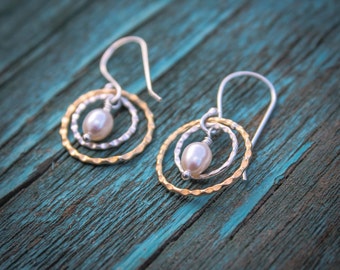 Bronze and Sterling Silver Crimped Earrings With Fresh water Pearls