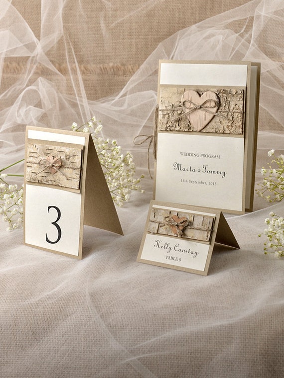 Custom listing 10 Rustic Set, Wood Wedding Programs, Recycled Table Number, Rustic Escort Card, Birch Place Card, 