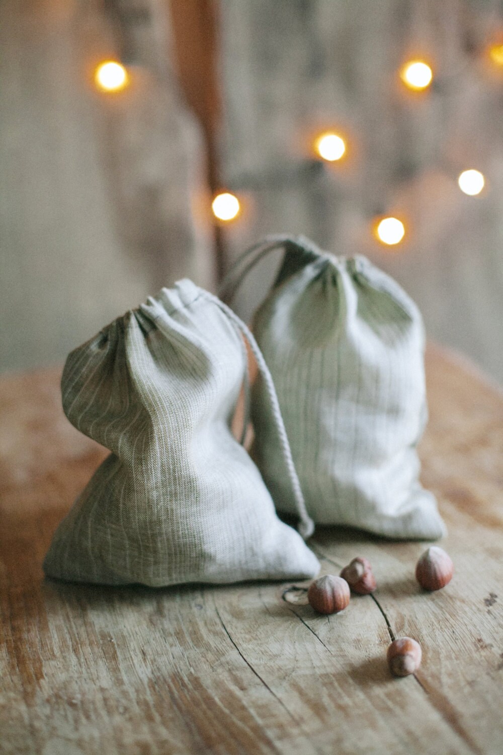 Linen Kitchen Bags / Natural linen / Pale Sage Green Mustard