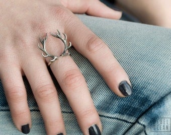 Deer Antler Ring Antique Silver Color Adjustable Ring Horns Wrap Ring Boho Jewelry - FRI001 T1