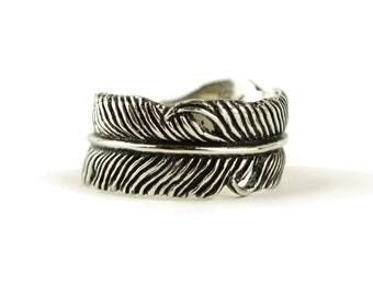 Feather Ring Antique Silver color bronze Adjustable Feather Wrap Ring Boho Jewelry - FRI002