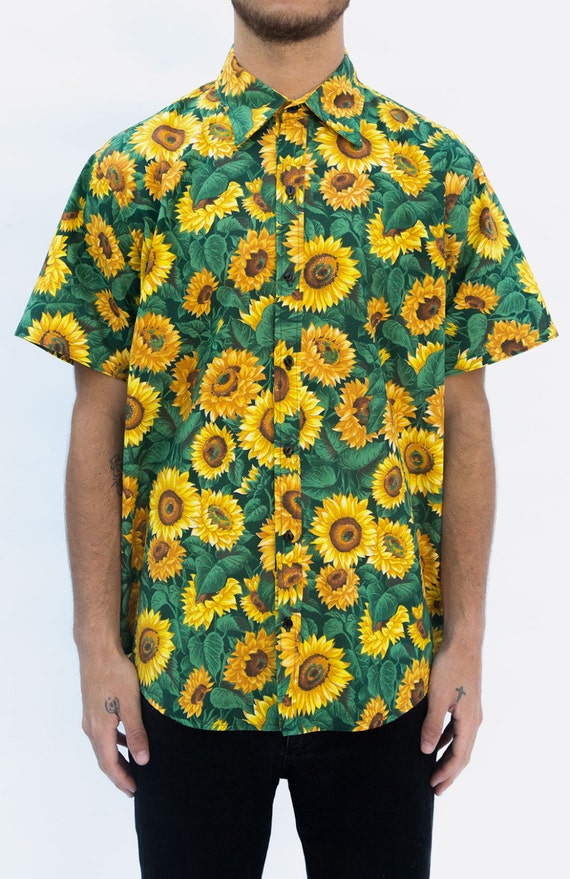Items similar to Sunflower print, mens short sleeve button up shirt on Etsy