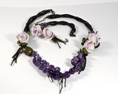 Unique amethyst set, wedding set, necklace with silk ribbon roses, beadwoven set, tender set, flowers set, lilac roses, boho style Unique amethyst set, wedding set, necklace with silk ribbon roses, beadwoven set, tender set, flowers set, lilac roses, boho style