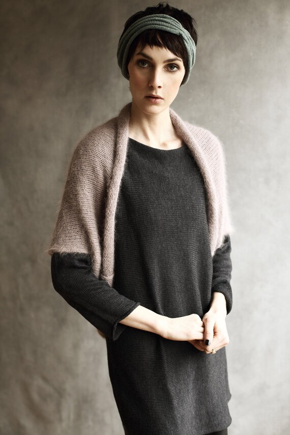 Short Sleeved Angora Wool Shrug Cardigan Dusky Pink