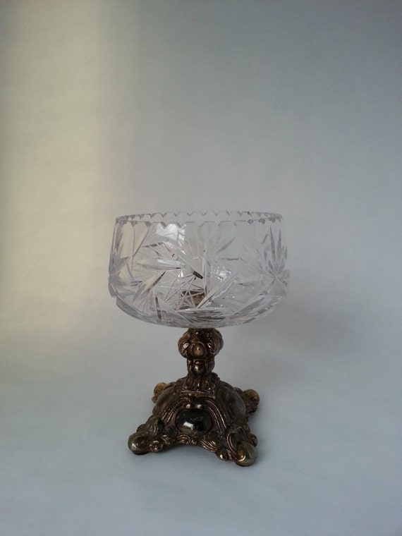 Vintage Crystal Glass Compote Bowl on Brass Stand Fruit by Loft23