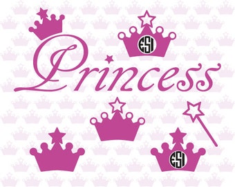 Princess svg files, crown, Wand, Word art SVG, DXF, EPS, Vector, Vinyl, monogram frame, Silhouette Cameo. Commercial use.