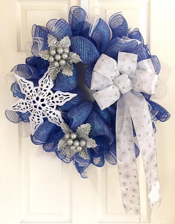 Deco Mesh Winter Wreath/Royal Blue Silver White/Silver