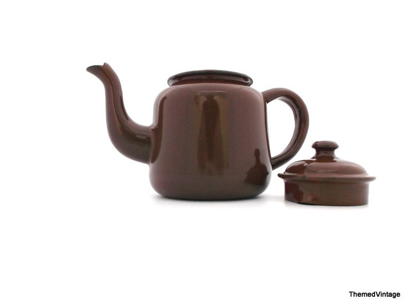 Vintage enamel on metal teapot small brown tea pot