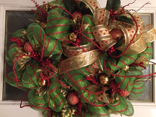 Glorious Plush Holiday Green, Red, Gold Deco Mesh Wreath by WreathsAndUniques