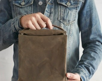 Waxed Cotton Lunch Bag with Leather Handle