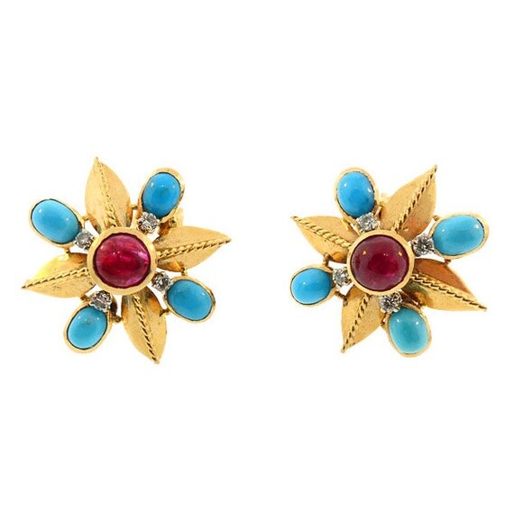 French 18K Gold Diamond Ruby & Turquoise Earrings