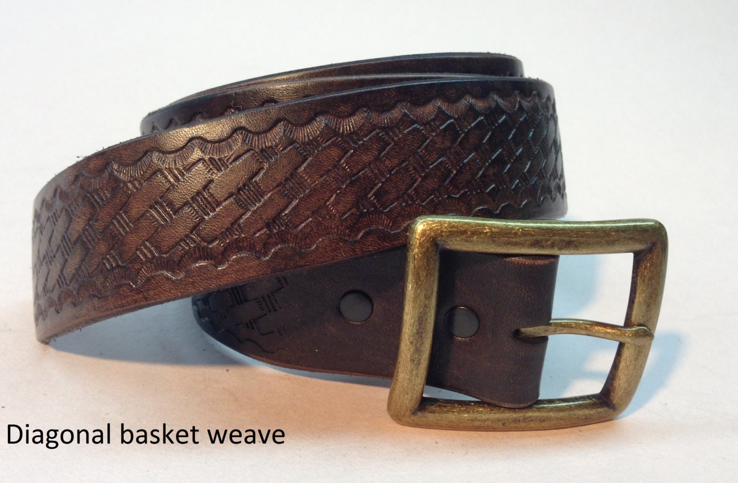 Diagonal basket weave brown leather belt. Men's