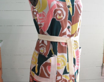 Vintage 1960s dress, ployester, abstract floral, sleeveless