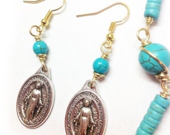 Handmade unbreakable wire wrapped Miraculous Medal Jewellery. A good addition to your Catholic Jewelry with Golden wire and Turquoise beads