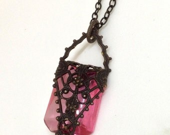 Necklace natural brass filigree wrapped vintage rose pink glass