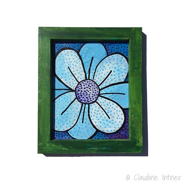 Blue and White Flower Painting in Green Frame