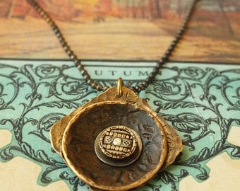 SALE - Circle in a square smashed button pendant for the Boho tribal rustic gypsy girl