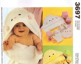 McCall's 3697 BABY'S NECESSITIES Hooded Towels Mitts Bibs Booties Play Blocks