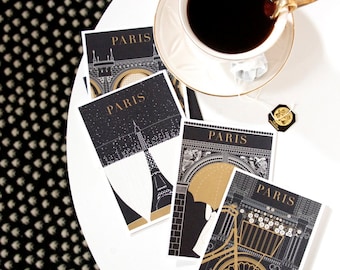 Paris Note Card Set, Paris Greeting Cards, Greeting Card Set, Blank Notecards, Black and Gold Notecards, Gift for Her, Stocking Stuffer