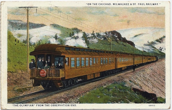 Vintage Train Postcard 20s Chicago Milwaukee & St Paul Railway The Olympian Train One Cent Green Washington Franked Stamp Souvenir