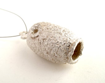 Silver Cocoon Sterling Silver Pendant Natural Silk Cocoon Necklace Cocoon Jewelry