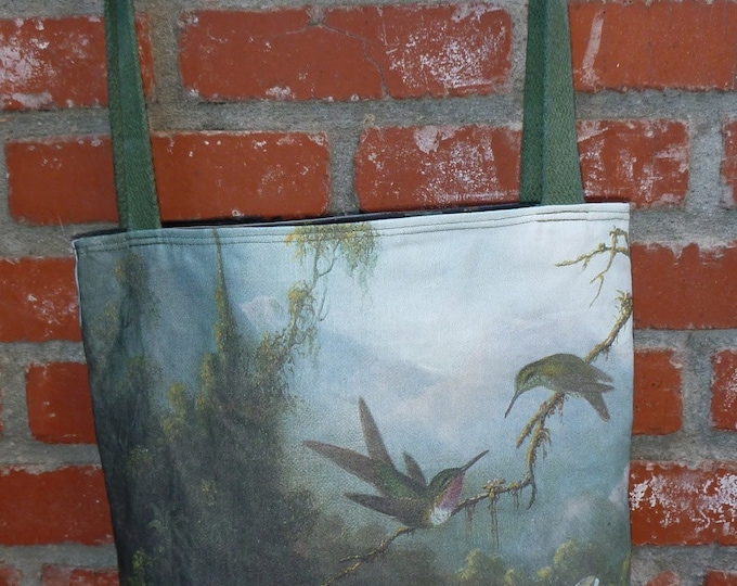 Two Hummingbirds Above a White Orchid Linencotton canvas tote/purse - zipper top Custom Print